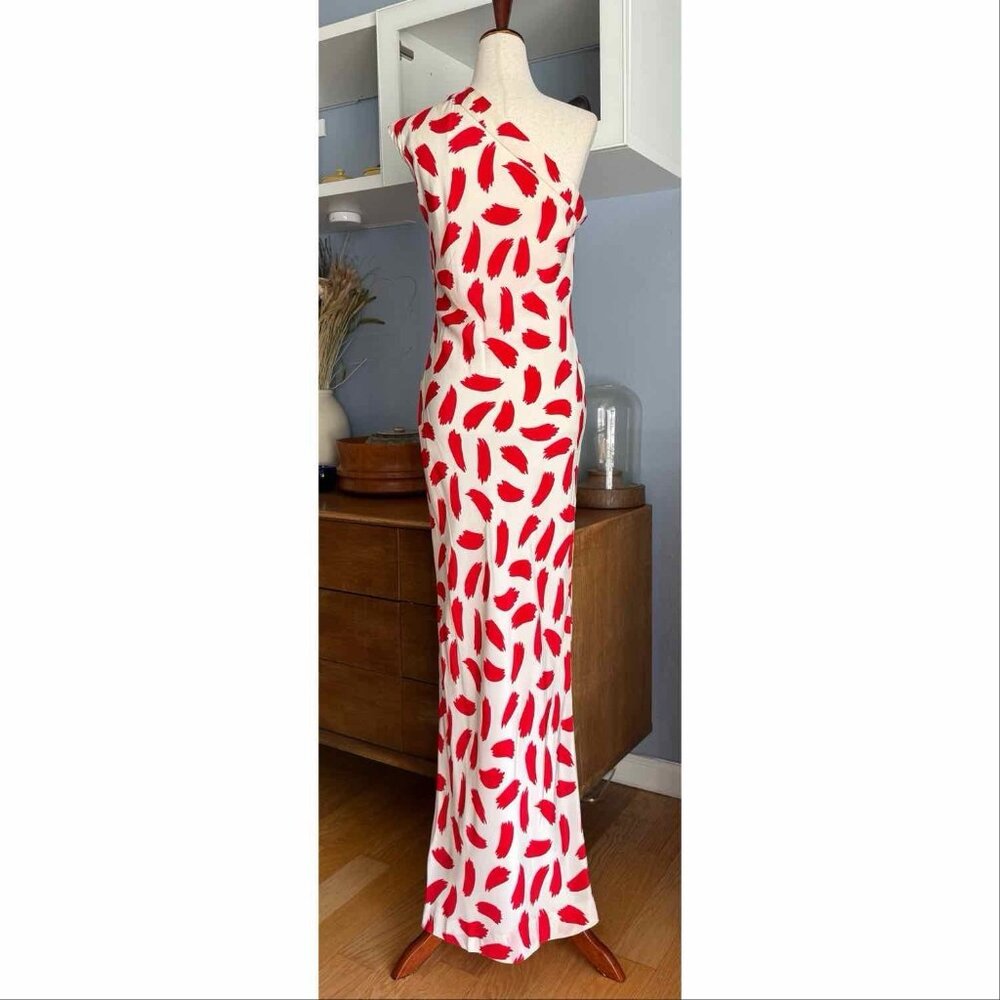 Oscar de la Renta Vintage 80’s Silk Long Maxi Gown Dress One Shoulder Wht Red S - Picture 4 of 10